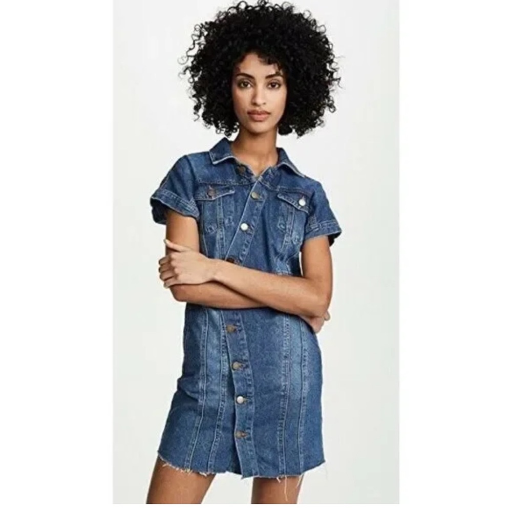 FREE PEOPLE DENIM CITY ASYMMETRICAL BUTTON RAW HEM MINI SHIRT DRESS Size M
